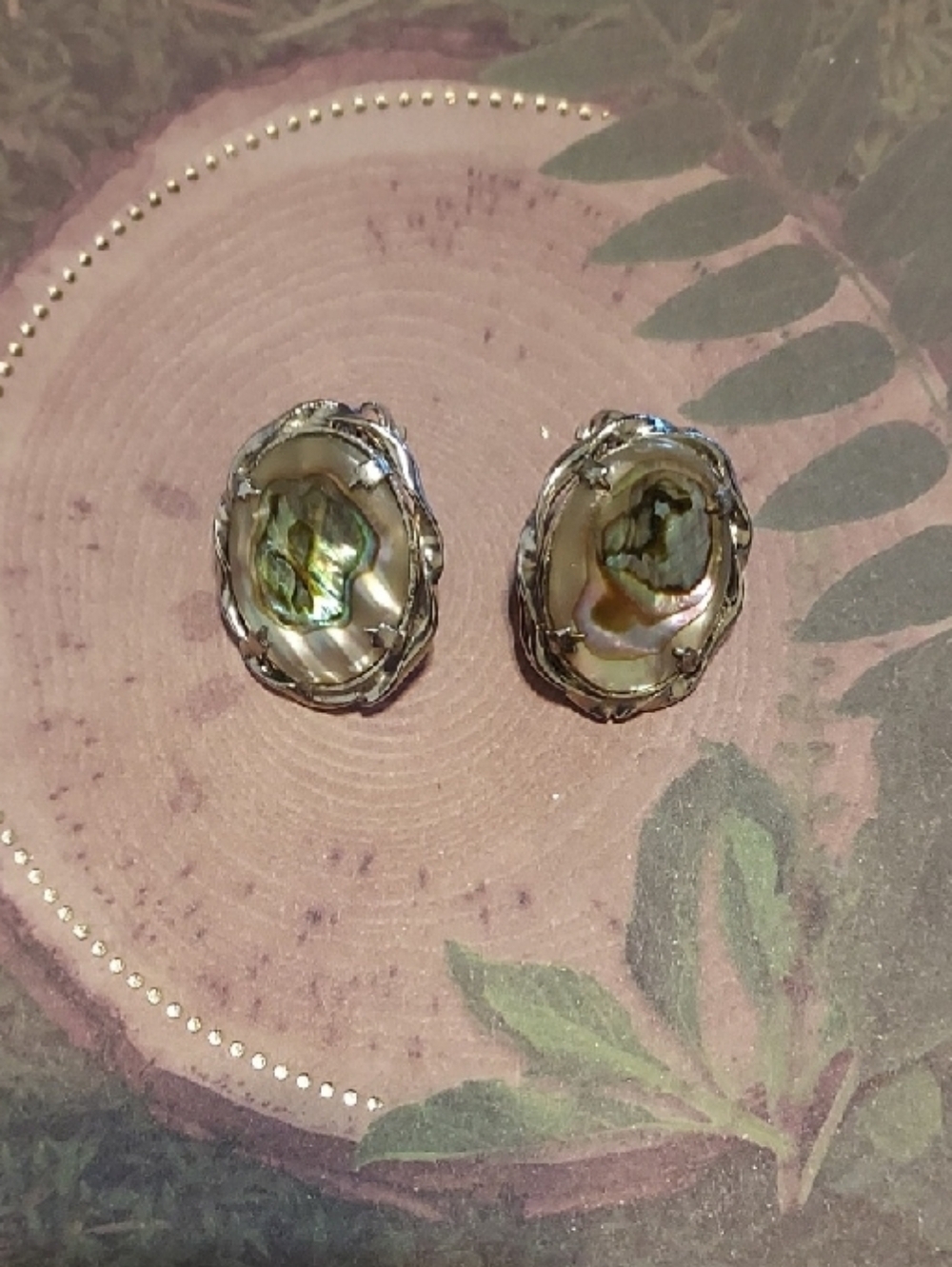 Abalone Shell Oval Silver-Tone Clip Earrings - Iridescent Green